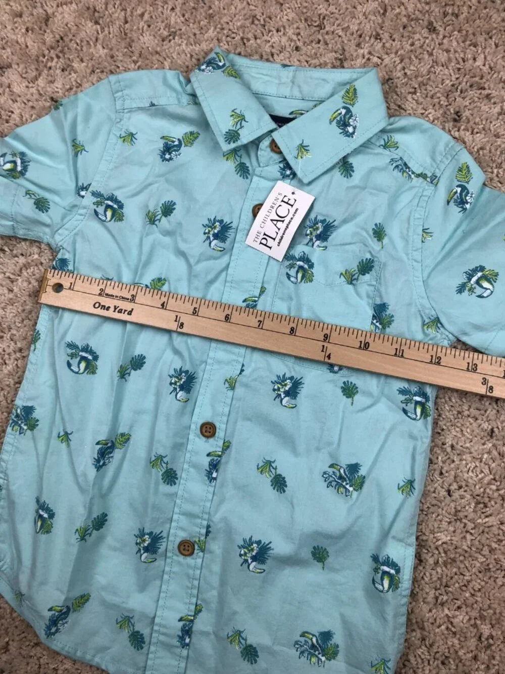 The Children’s Place Boys Size 4T (fits 4/5) Blue Aqua Button Up Shirt Parrots